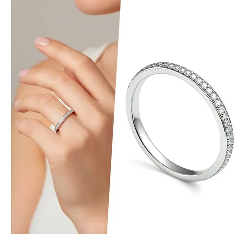 Anel Feminino Cravejado Aço Inoxidável Prata Fino 3mm