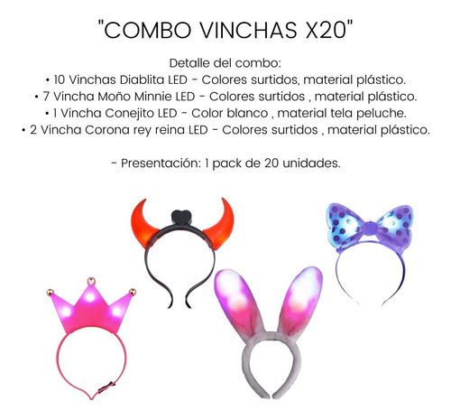 Imagen 2 de 10 de Combo Vinchas Surtidas X 20 Unidades Led Luminosas Vincha