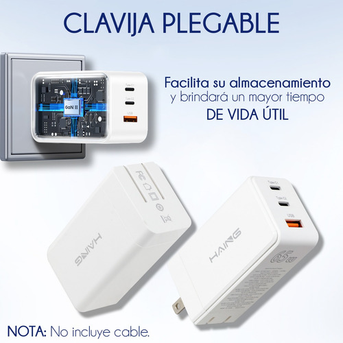 Cargador Cubo Carga Rápida Slim Company Triple Turbo 2 Puertos Tipo C Y Uno Tipo Usb 65w Plegable Color Blanco