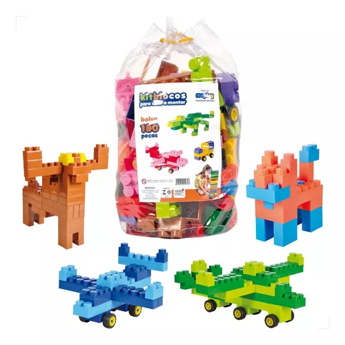 Brinquedo Infantil Blocos De Montar 180 Lego Grande + Bolsa