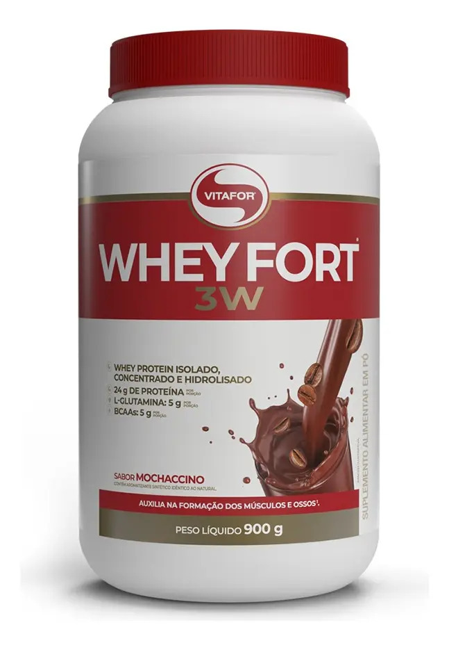 Proteína em Pó Vitafor Whey Fort 3W Sabor Mochaccino Blend Isolado, Concentrado e Hidrolisado 900g
