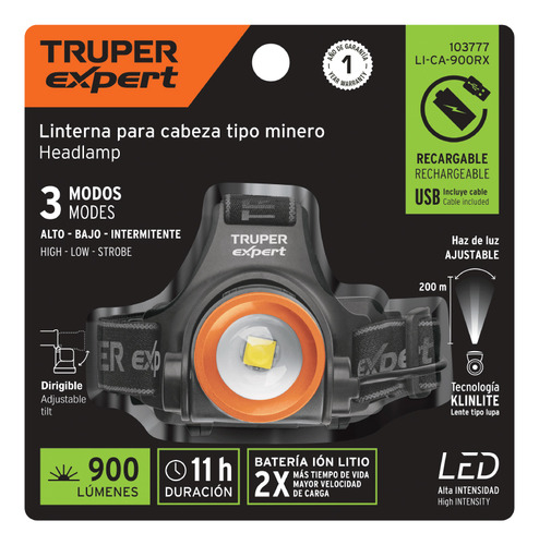Linterna De Minero Led 900 Lúmenes, Recargable Truper LI-CA-900RX