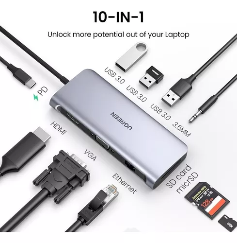 Adaptador 9 en 1 UGREEN  RJ45 VGA HDMI USB 3.0 y Más