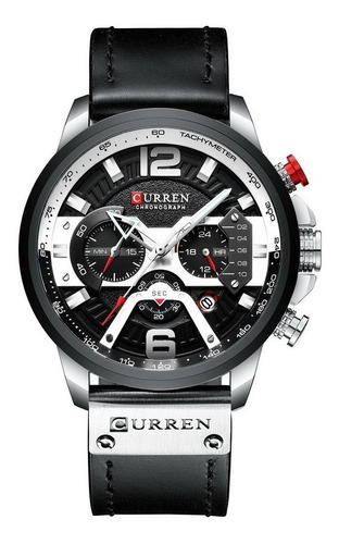 Reloj pulsera Curren 8329 de cuerpo color plata, analógica, para hombre, fondo negro, con correa de cuero color negro, agujas color plata y rojo y blanco, dial plata y blanco, subesferas color negro, minutero/segundero blanco, bisel color negro y blanco y hebilla simple