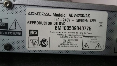 Dvd Reproductor Admiral Modelo Adv423k/ak