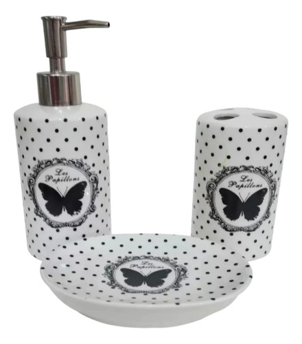 Set Baño De 3 Piezas Cerámica Vintage Mariposa Negra