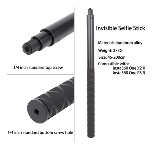 Pellking Palo De Selfie Invisible Largo De 200 Cm Para Cámara Insta360 One X3, X2, X, Insta360 One R, Rs, Insta 360 1/4 Pulgadas Extendido Monopié