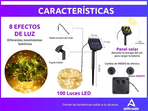 Imagen 4 de 10 de Luz Led Guirnalda Alambre Ext/ Int Efectos Calida Solar 12m