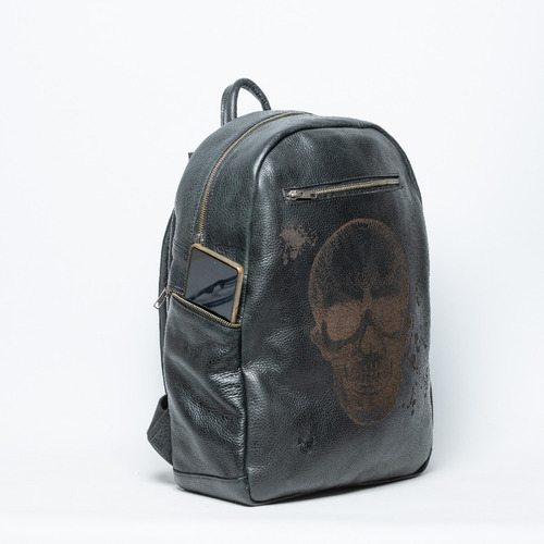Backpack Skull Urbana 100% Cuero Con Grabado Frontal A Laser Negro Cuero