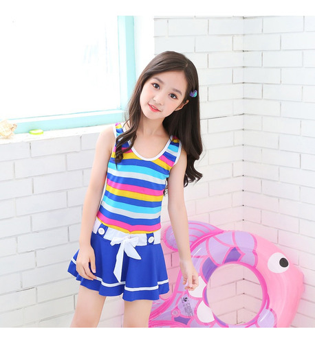 Ropa De Playa ,traje De Baño Completo Eslinga Para Niñas Azul-1282 M
