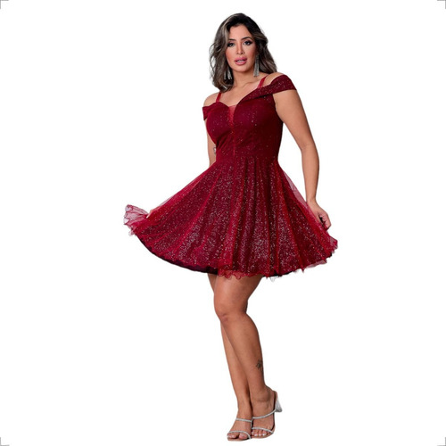 Vestido Debutante Festa Curto Rodado Brilho Várias Cores