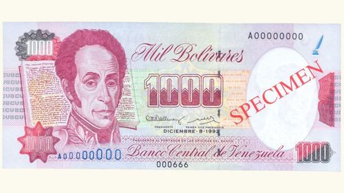 Venezuela, 1000 Bolívares, Diciembre-08-1992, Serie A8, Unc.