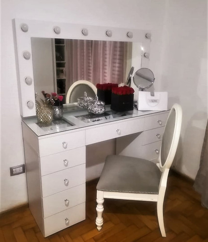 Tocador Hollywood Make Up 130, Banqueta Y Lámparas De Regalo Blanco