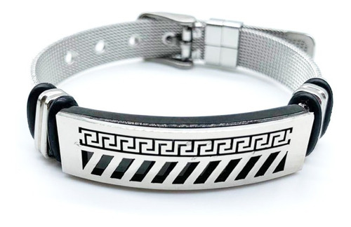 Pulseira Bracelete Aço Masculina Ajustável Detalhe Em Preto