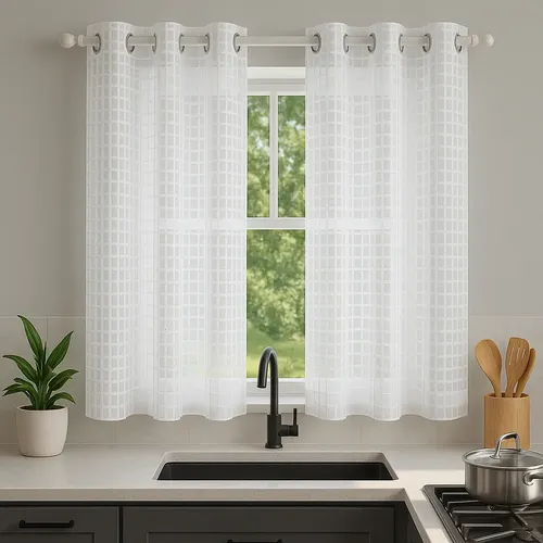 Cortina Cozinha Para Janela Voil Xadrez 2,20 X 1,40 Branca Branco