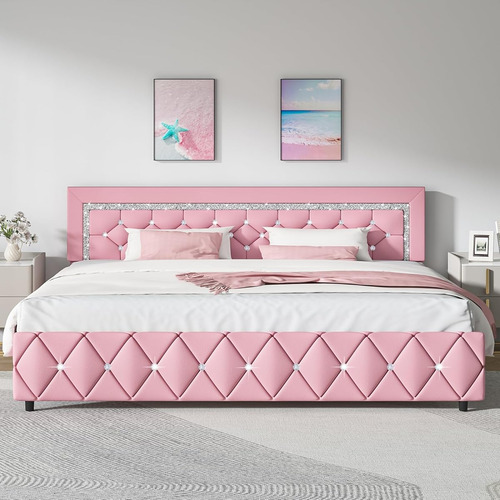 Bed Frame King Size C/ Cabecera Capitonada Hombck Rosado