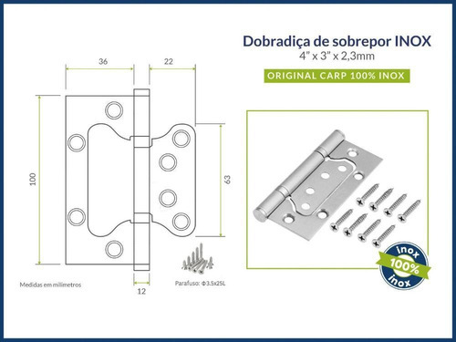 12 Dobradiça Porta Sobrepor Sem Rebaixo Inox 4'x3'x,2,2mm