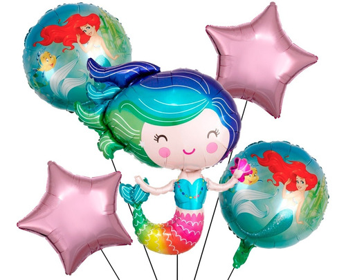 Kit 5pz Globos Metalico La Sirenita Princesa Ariel Cumpleaño