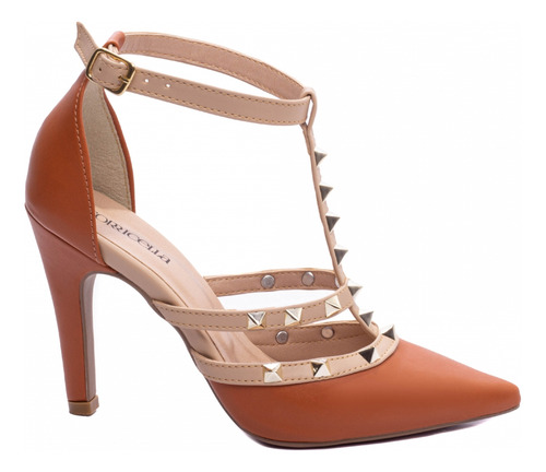 Sapato Scarpin Marrom Caramelo Fivela E Pinos Salto Alto 9cm