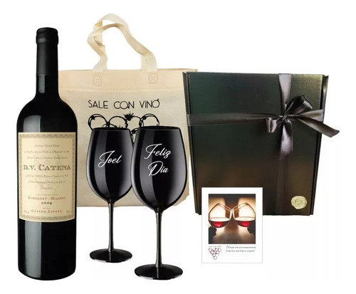 Regalo Empresarial Box Vino 2 Copas Negras Personalizado X10