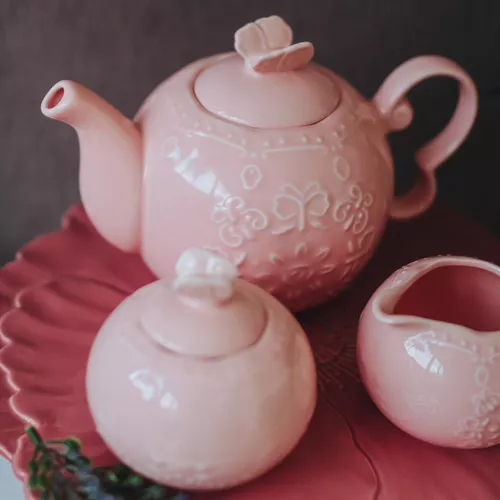 Conjunto De Chá Em Porcelana Com Bule Rosa 700 Ml