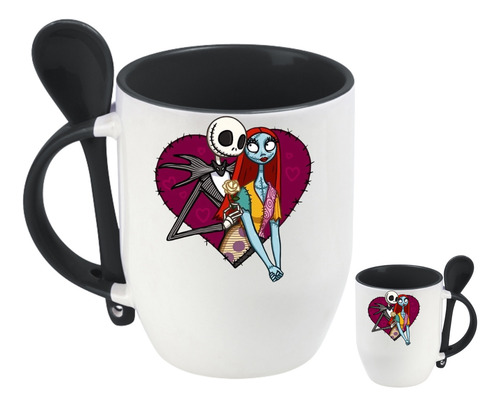 Taza Con Cuchara Jack Y Sally En Corazón Cerámica 320 Ml Negro Jack Y Sally