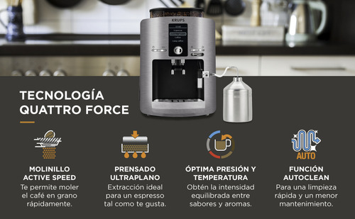 Krups Espresseria Cafetera Súper Automática Quattro Force Autolimpieza Color Acero Inoxidable Capacidad 1.7L EA82FBMX