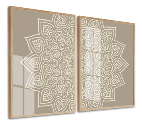 Kit 2 Quadros Decorativos Pôster Mandala Bege Boho Com Vidro