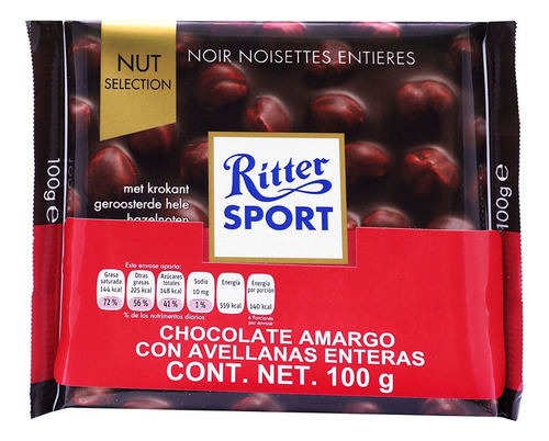 Barra De Chocolate Amargo Con Avellana Ritter Sport 100gr