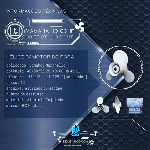 Imagem 4 de 6 de Hélice Motor Yamaha 40/50/55 2t E 40/60 Hp 4t 11 1/8 X 13