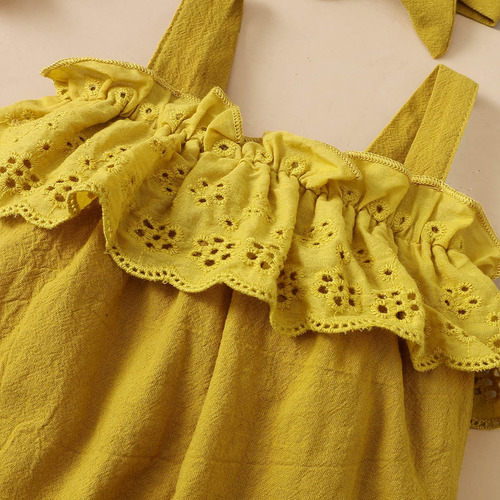 Mameluco De Verano De Algodón Con Diadema Tirantes Y Encaje Amarillo 0-3 M Lisa