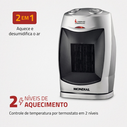 Aquecedor De Ar Mondial Termo Cerâmica 1500w Inverno Prata C Cinza