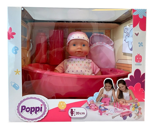 Muñeca Bebe Poppi Con Bañadera + Accesorios 20cm Pp