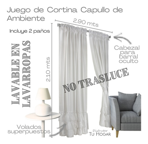 Imagen 3 de 6 de Cortinas Living Tela Dormitorio Comedor Volado Capullo