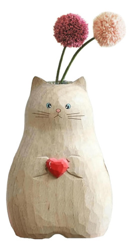 Florero Forma De Estatua De Gato De Madera Maciza Hecho...