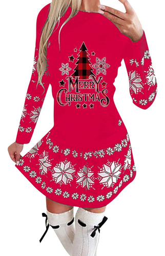 Vestido Para Mujer Ma Popular Manga Cuello Redondo Navidad