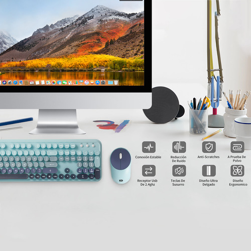 Kit Teclado y Mouse Inalámbrico FD EK8870 USB para Laptop Pc en Color Azul Índigo Idioma Inglés US QWERTY