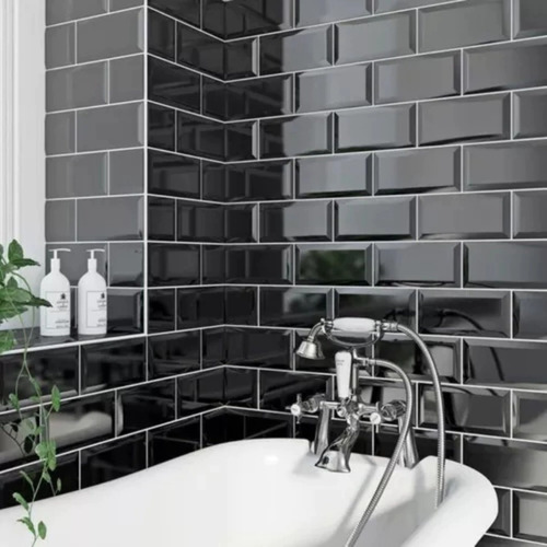 Azulejos Ceramicos Subway Blanco / Negro Biselado 10x20 Negro Brillante