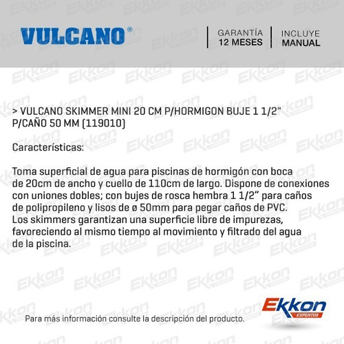 Imagen 2 de 8 de Skimmer Mini Vulcano 20 Cm P/hormigon Buje 1 1/2 PLG