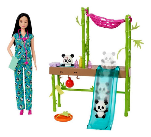 Playset Conjunto Boneca Menina Barbie Morena Oriental Profissões Veterinária - Resgate Dos Pandas Com Acessórios E Mini Pet Animal - Boneco Pandinha Muda De Cor Banho Panda Sujo - Mattel Brinquedos