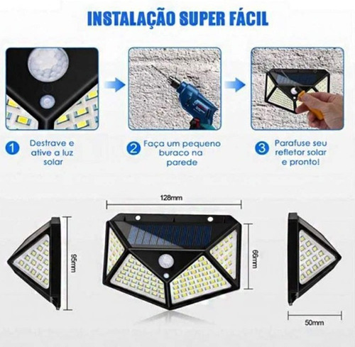 Imagem 8 de 9 de Luminária Solar Parede 100 Led Sensor Presença Prova D'água