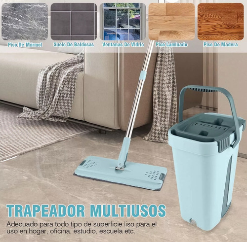 Trapeador Mopa Plana Con Balde Escurridor + 2 Repuestos Agua