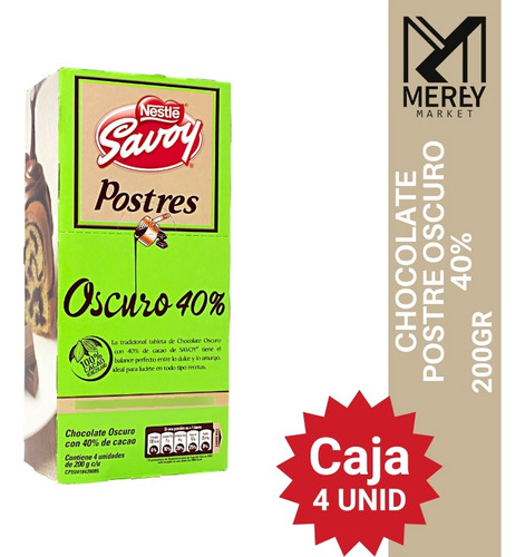 Chocolate Savoy Postre 40% 200gr (caja X4). Mereymarket