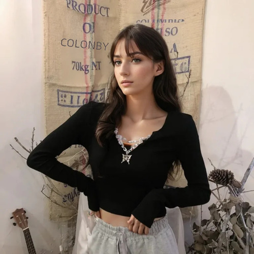 Camiseta Estampada Con Cuello En V Y Manga Larga Para Mujer