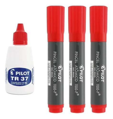 3 Pincel Atomico Canetao Recarregavel Vermelho Pilot + Refil