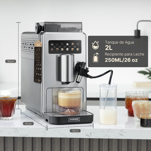 SANGKEE Máquina de café Espresso superautomática - 9 bebidas, Café Helado Totalmente Automático de Grano a Taza, Café Café Café Helado y Café con Leche Molino Integrado Y espumador de leche