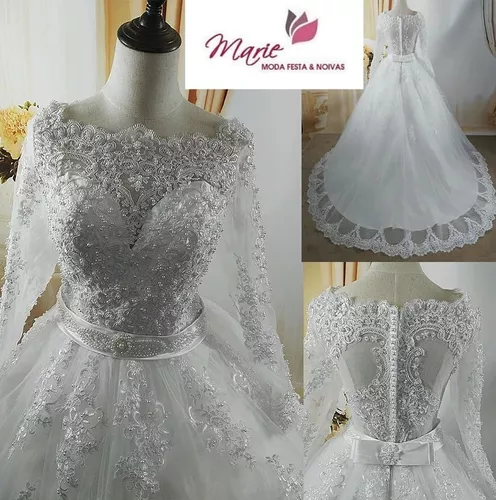 Vestido De Noiva Estilo Princesa Bordado Pérolas Brinde Véu