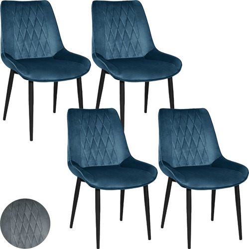 Set 4 Sillas Tapizadas Terciopelo Elegantes Comedor Modernas Estructura de la silla Negro Asiento Azul oscuro