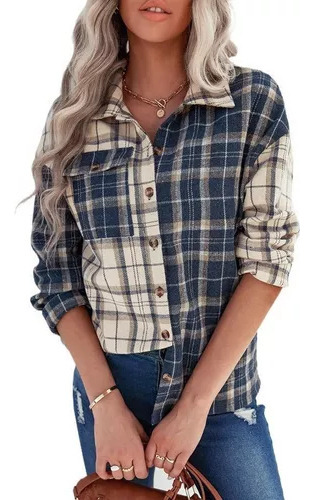 Camisa De Mujer A Cuadros Blusa De Manga Larga Con Solapa