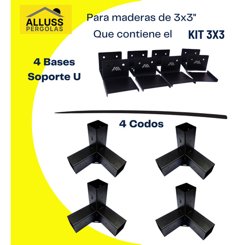 Kit Pergola 3x3m Para Tirante 3p Con Bases Soporte U Negro